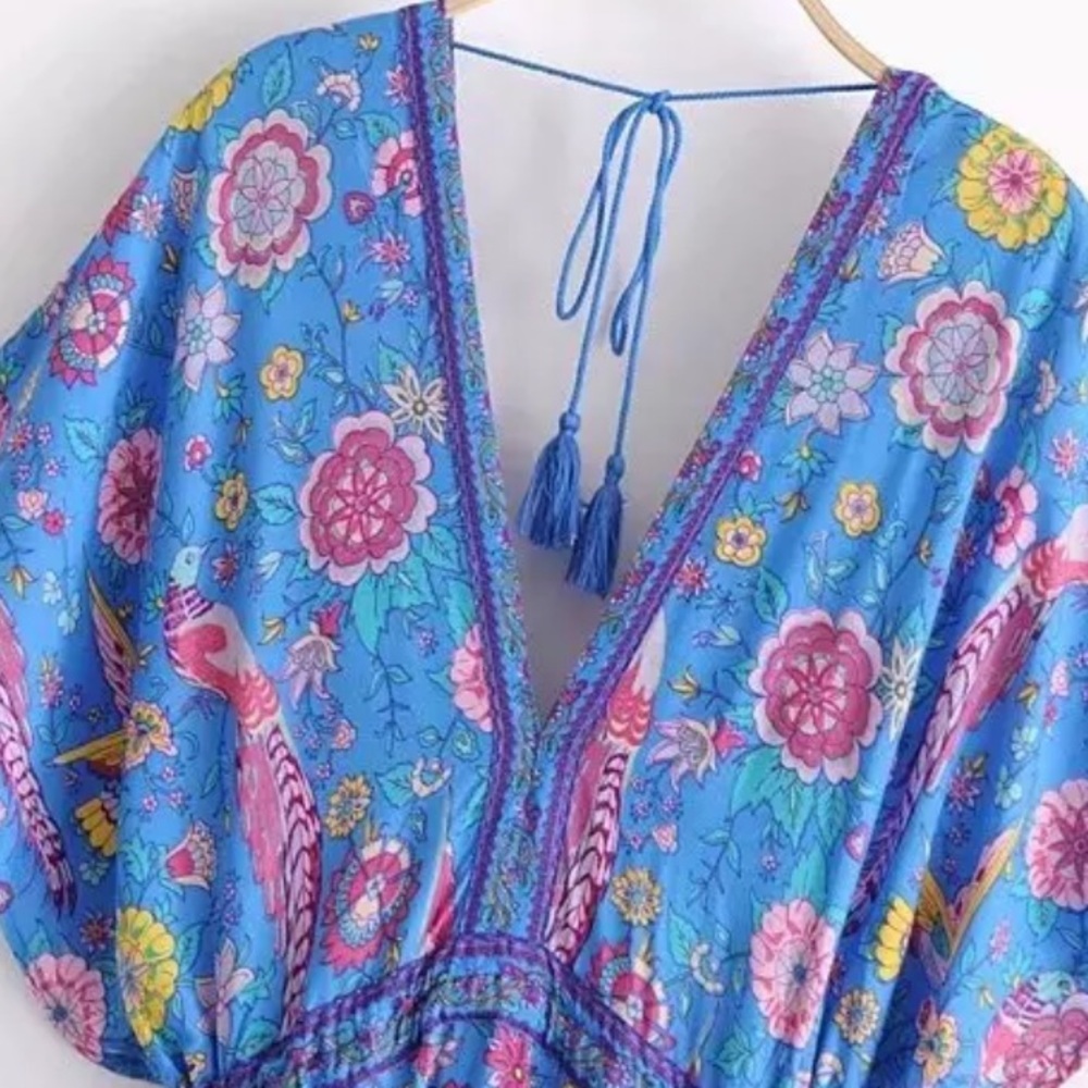 Boho Floral Bird Gypsy Print Maxi Long Dress - Picture 6 of 12